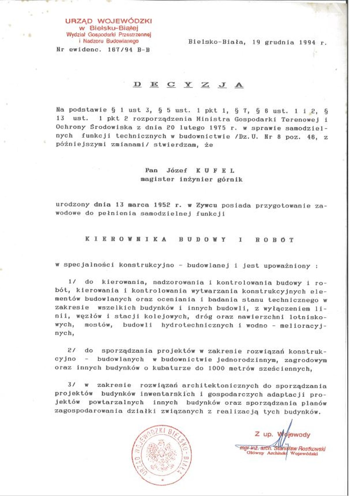 Uprawnienia budowlane Józef Kufel